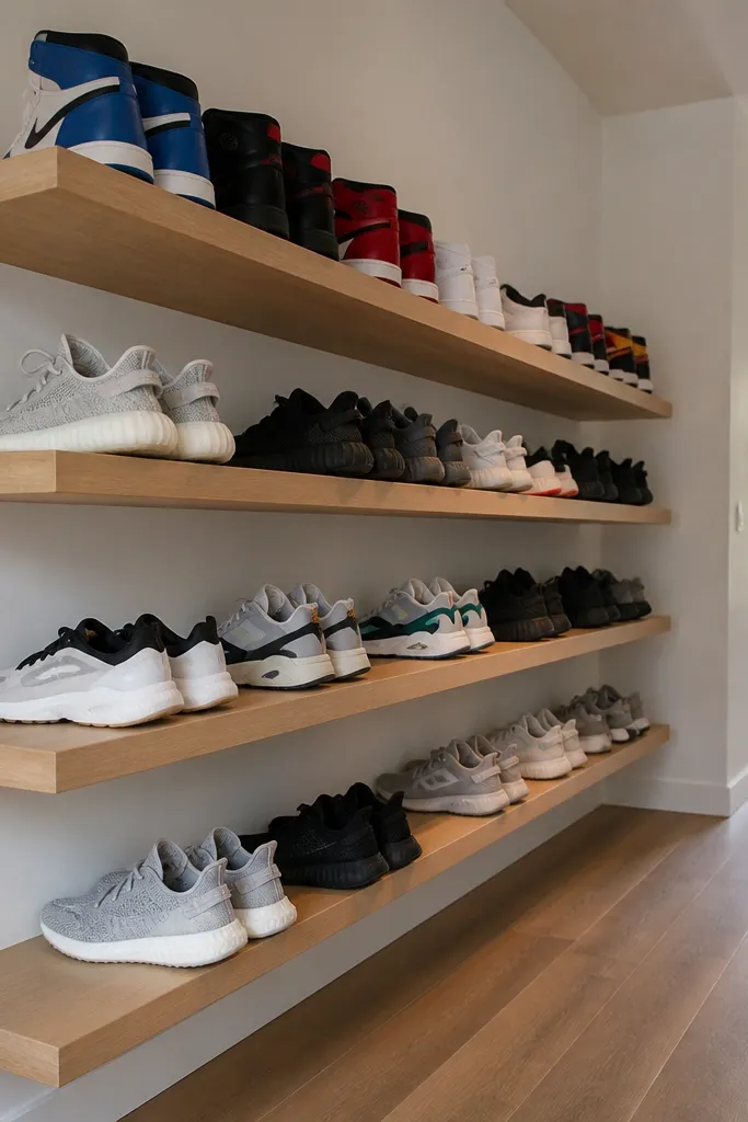 Floating shoe shelves with hidden wood cleats under each shelf