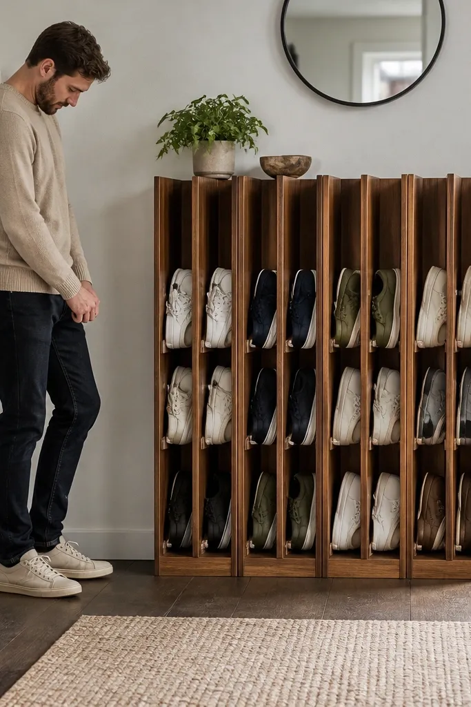 Vertical slat shoe rack with modular interlocking bases