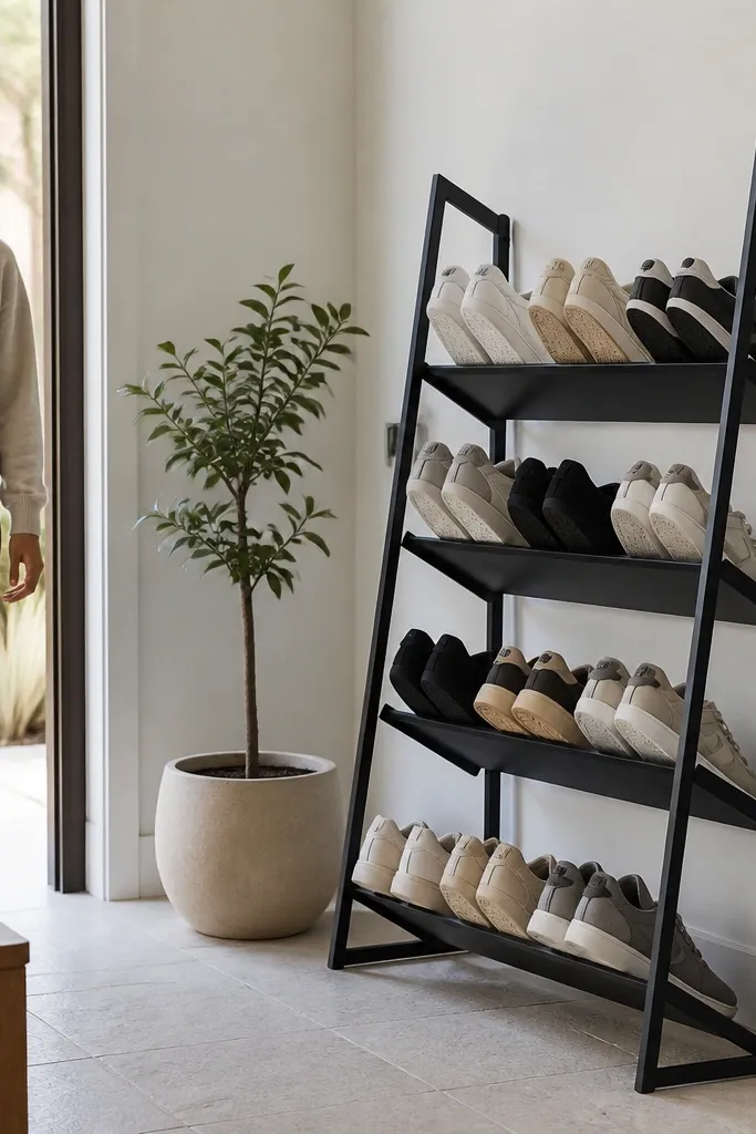 Backless shoe rack with angled side rails and clean open shelf fronts