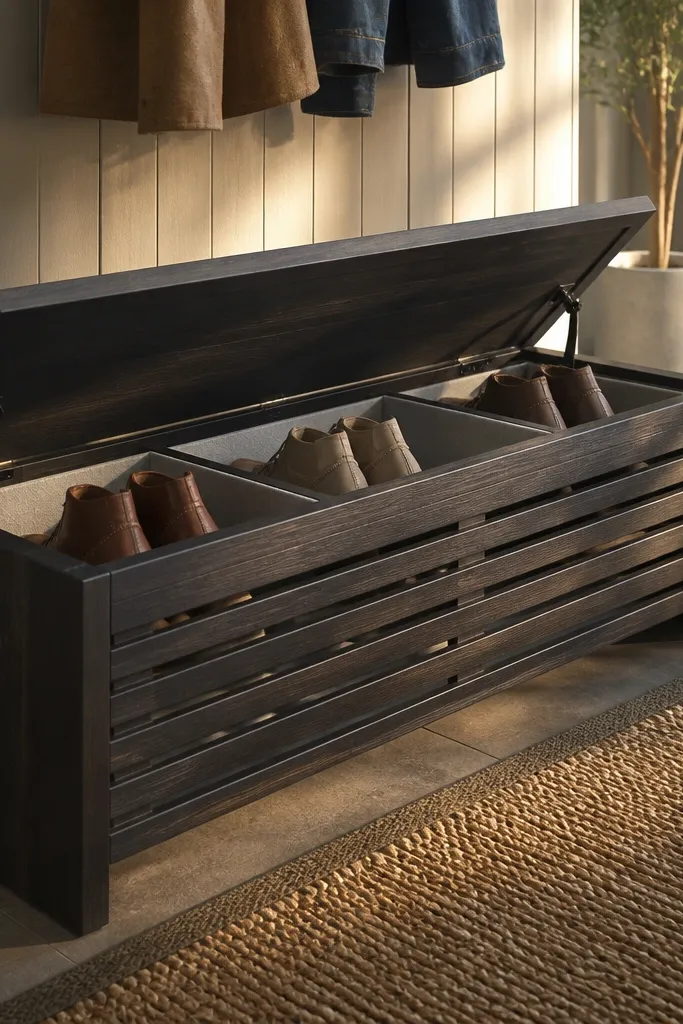 Wood bench with slatted front and lift-top panels showing shoe compartments