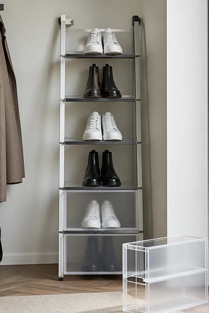 Wood ladder rack with removable fabric covers over shoe shelves
