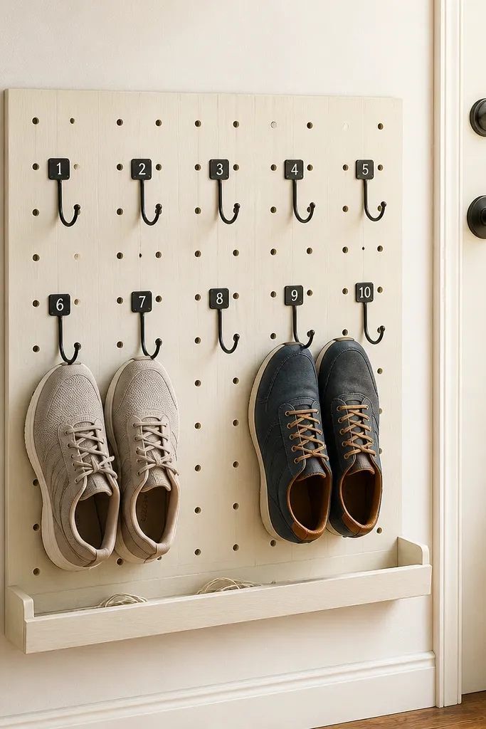 Pegboard wall with numbered hooks holding shoes in matching pairs