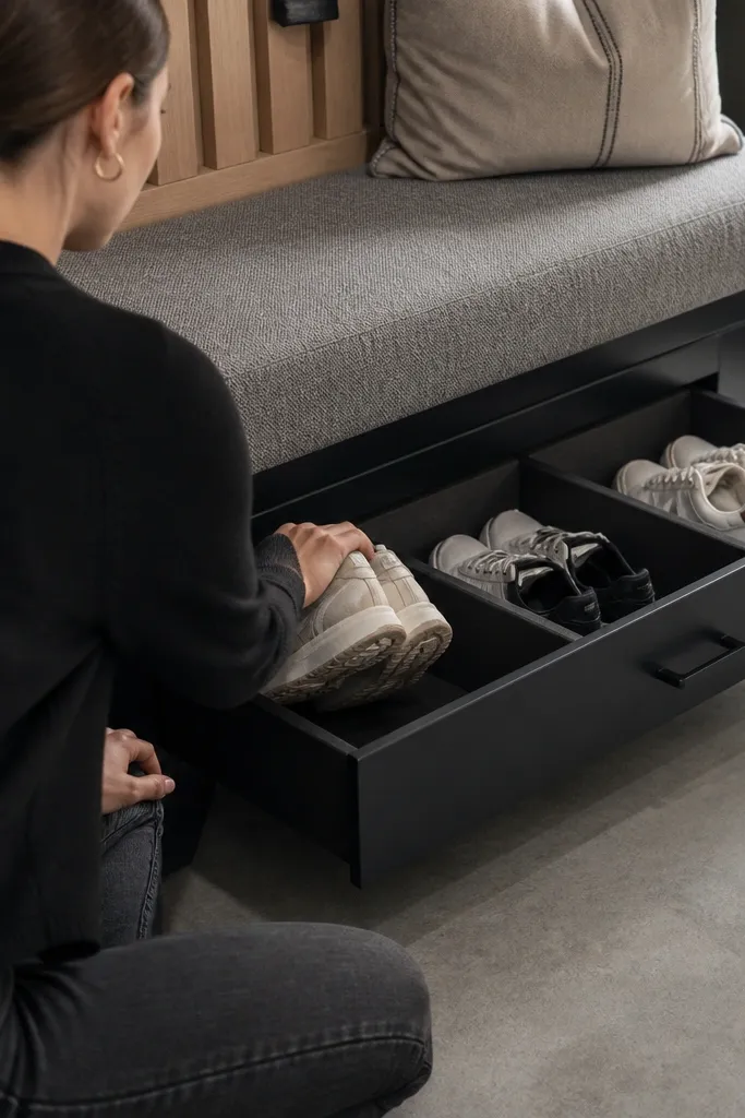 Under-bench drawers with fabric-lined inserts holding sneakers