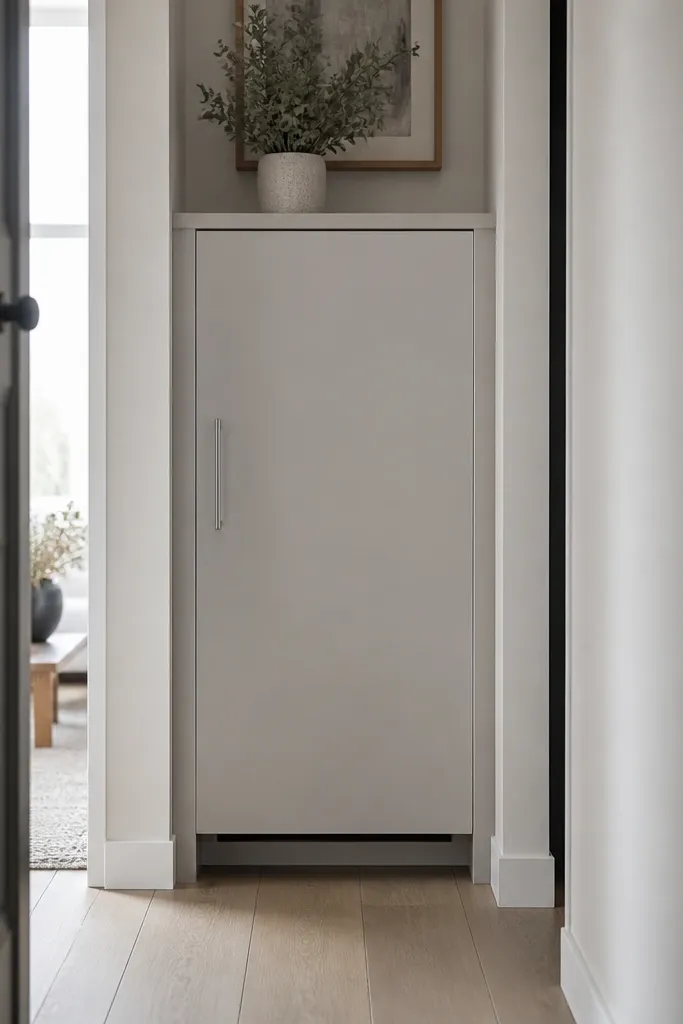 Slim tall shoe cabinet with front door and visible air gap at base