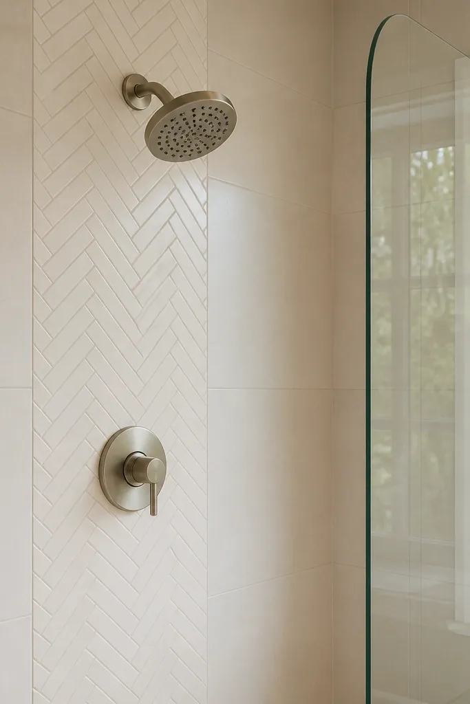 White shower with a small herringbone band around the shower controls