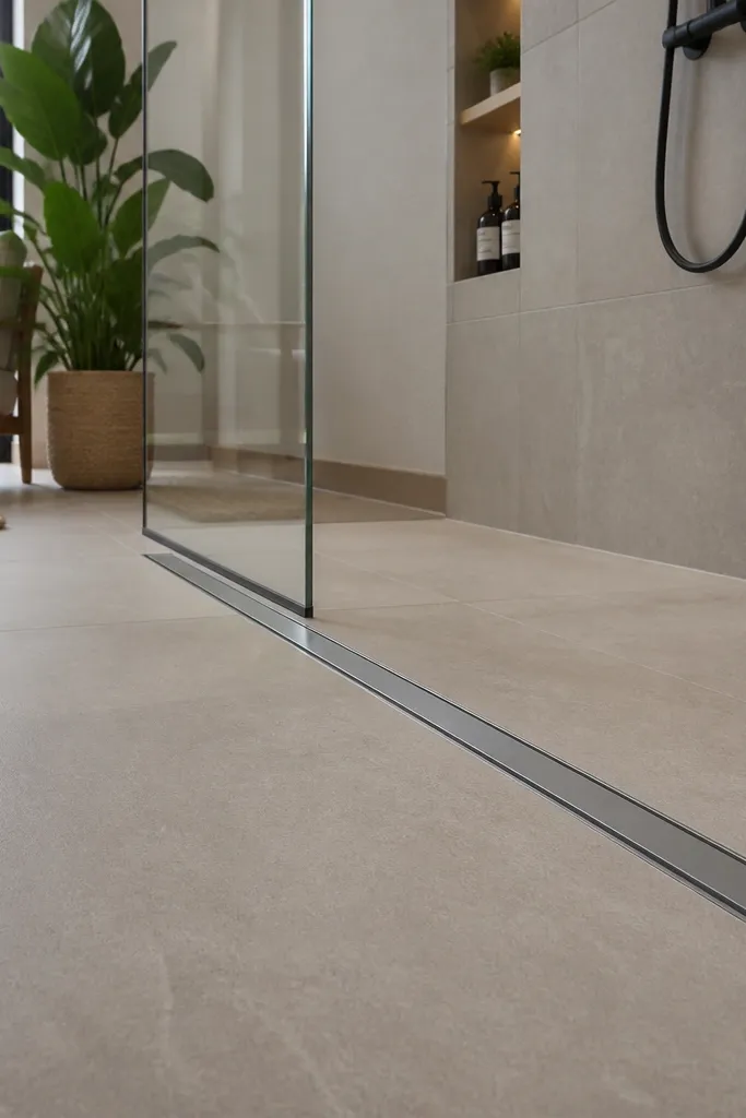 Modern linear drain with large same-tone shower floor tiles
