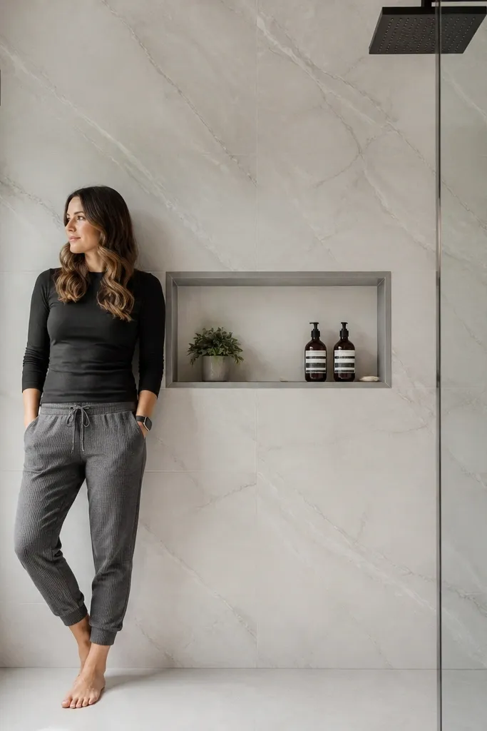 Quartz-look shower walls with a recessed niche for bottles