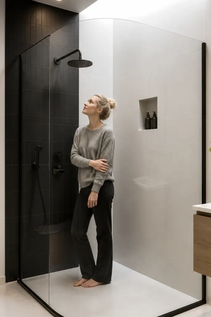 Black and white shower tiles with a rounded corner glass panel