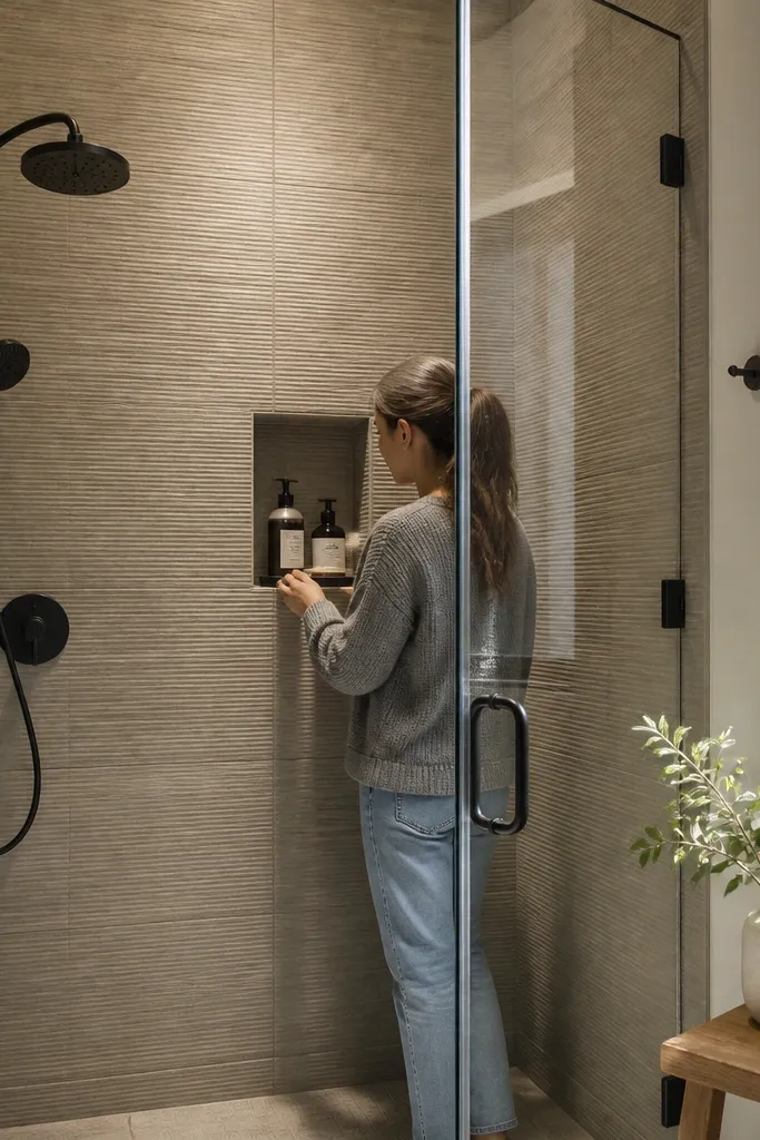 Warm taupe shower tiles with tight, light grout lines