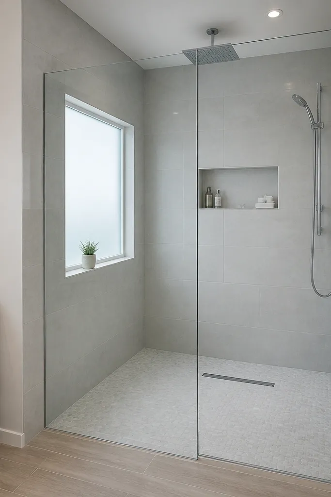 Shower with glass panels reaching the wall edges and minimal visible framing