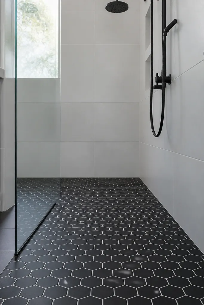 Black hex shower floor with large white wall tiles and minimal grout contrast