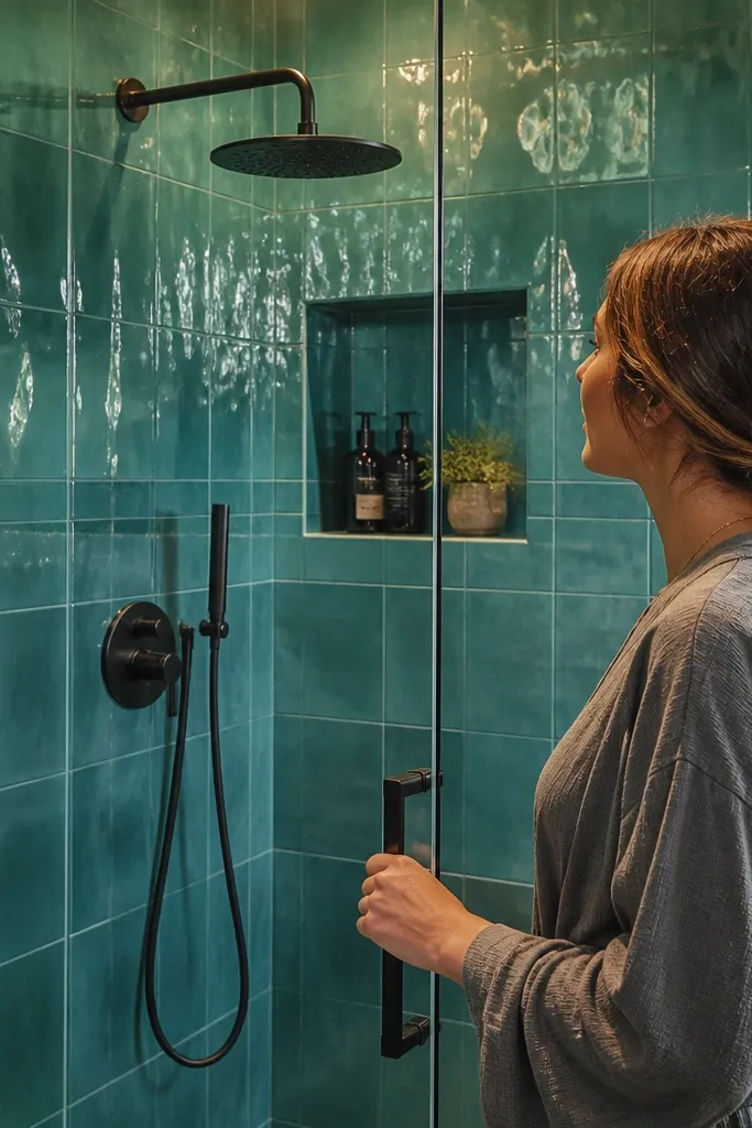 Teal glossy shower wall tile with clear-looking grout and minimal trim