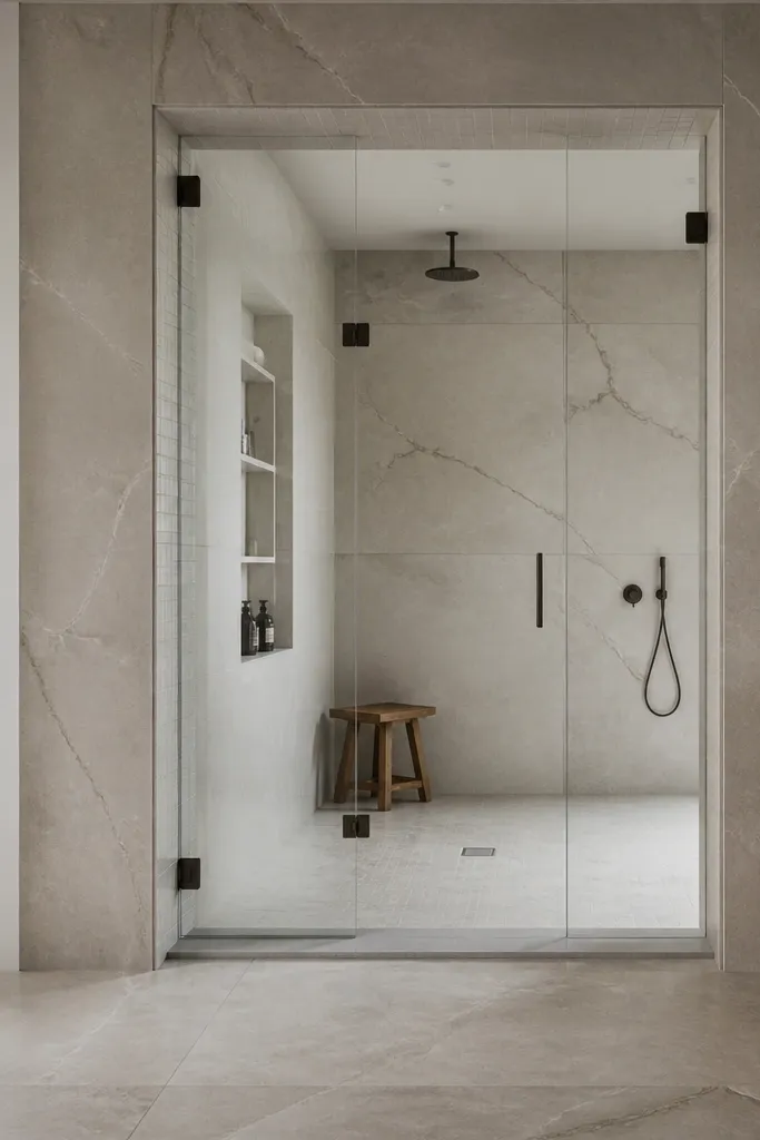 Large porcelain slab-look shower walls with small tiles near the door opening