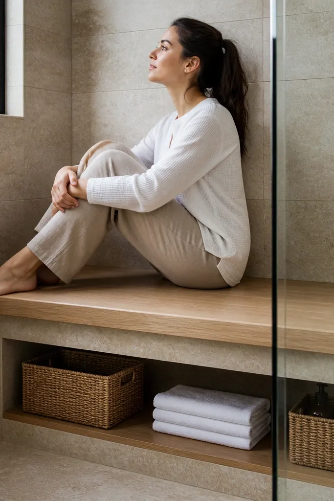 Light stone shower walls with a wood-look built-in bench