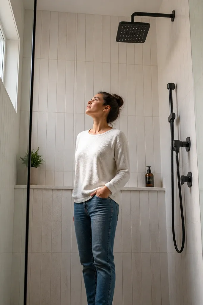 Vertical shower tile with one built-in shelf line spanning the wall
