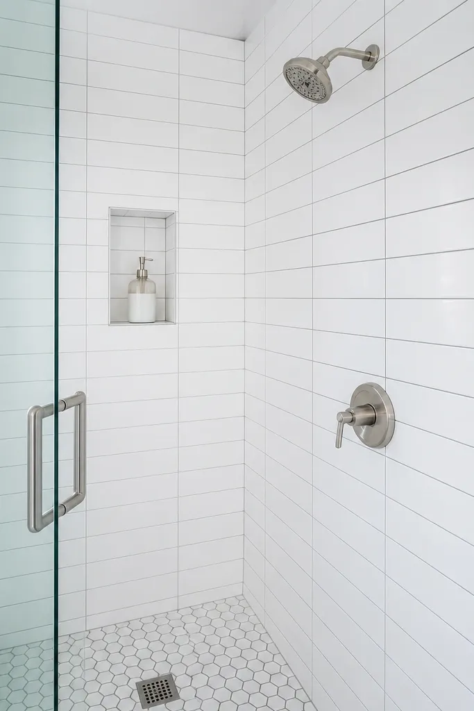 All-white shower with brushed nickel fixtures and thin dark grout joints