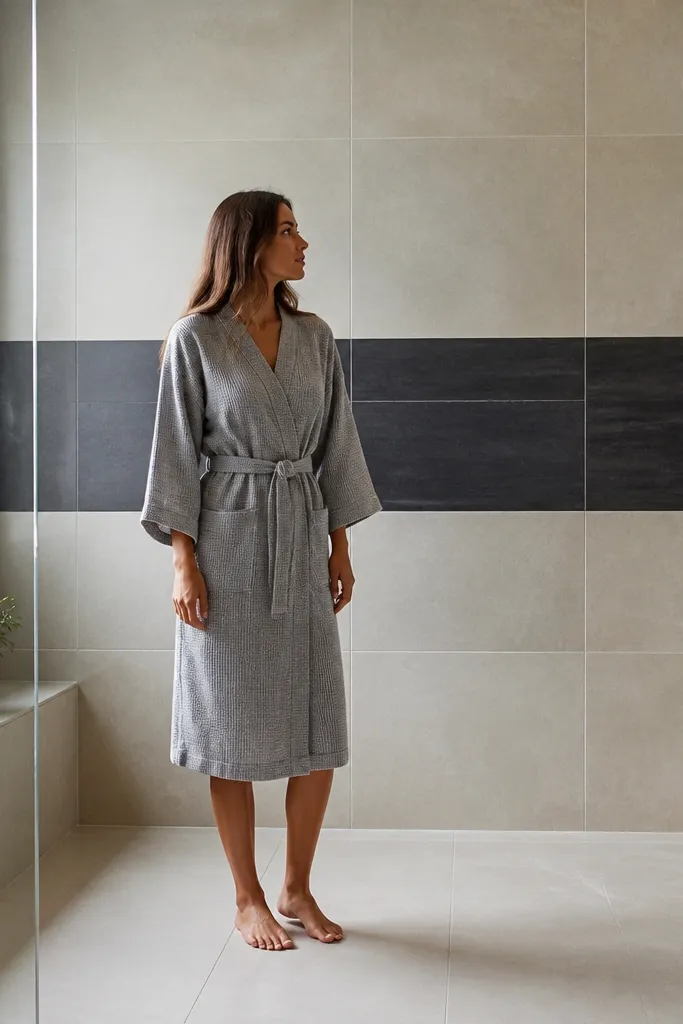 Light shower tiles with a dark mid-wall band and clear glass