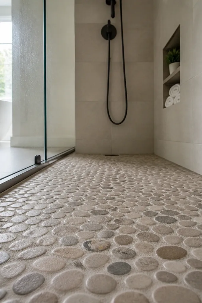 Pebble-look shower floor with matte light wall tiles and frameless glass