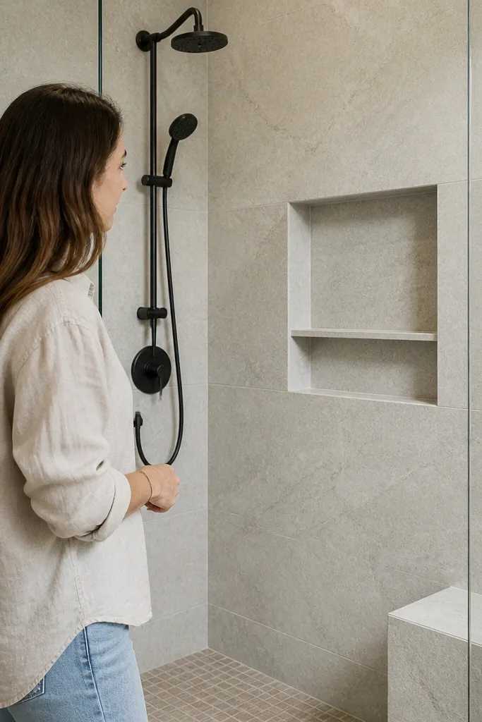 Narrow shower niche with a built-in soap shelf and clean tile lines