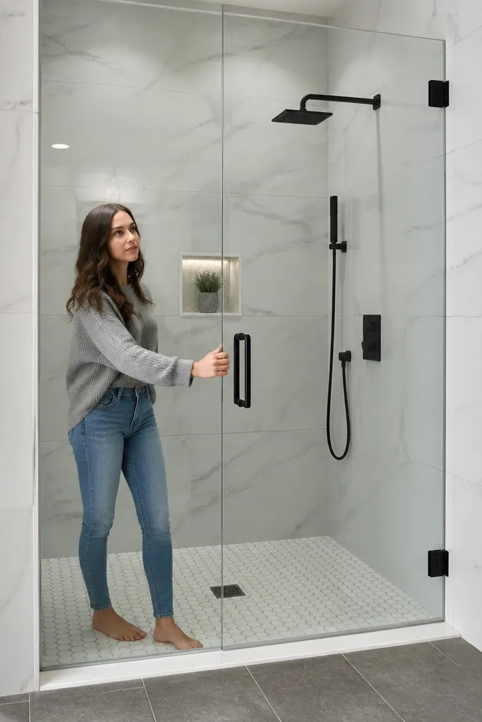 Full-height shower tile frames with a clear glass door and slim metal hardware.