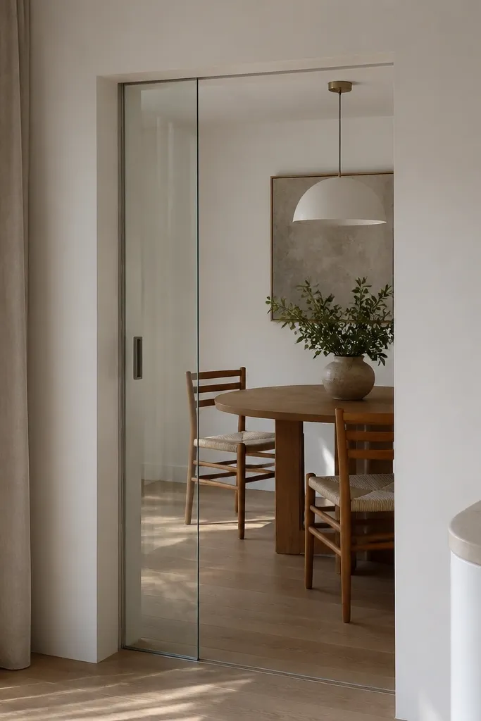 Clear glass sliding door with a nearly invisible frame and hidden pocket track.