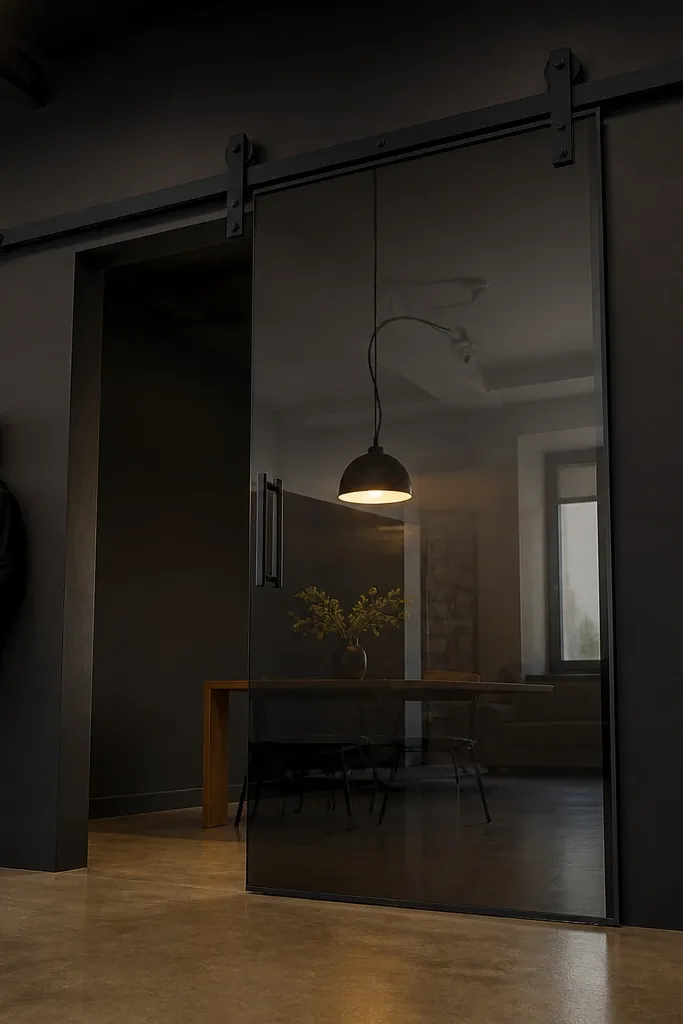 Smoked glass sliding door with a bold matte black top beam and minimal frame.