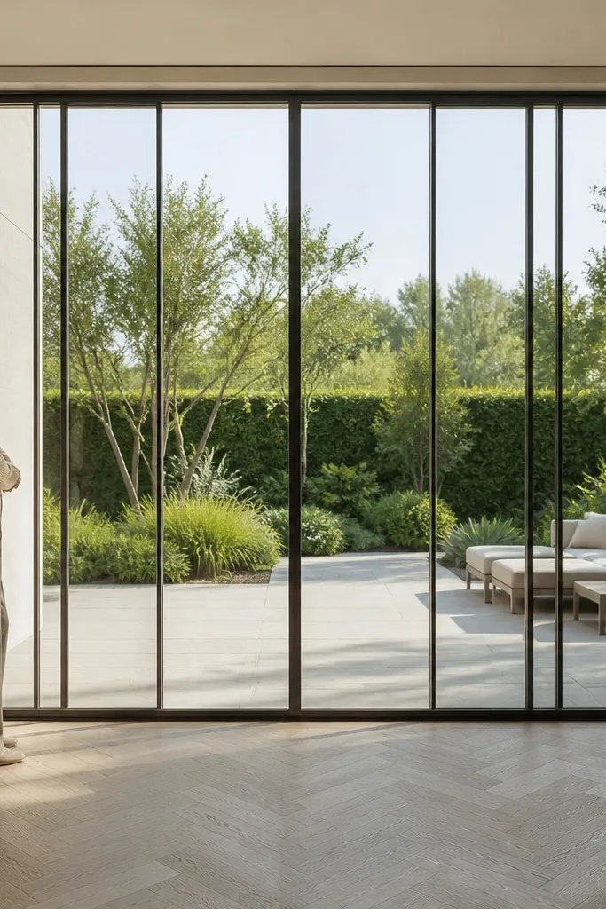 Clear glass sliding door with slim vertical mullions forming a clean grid.