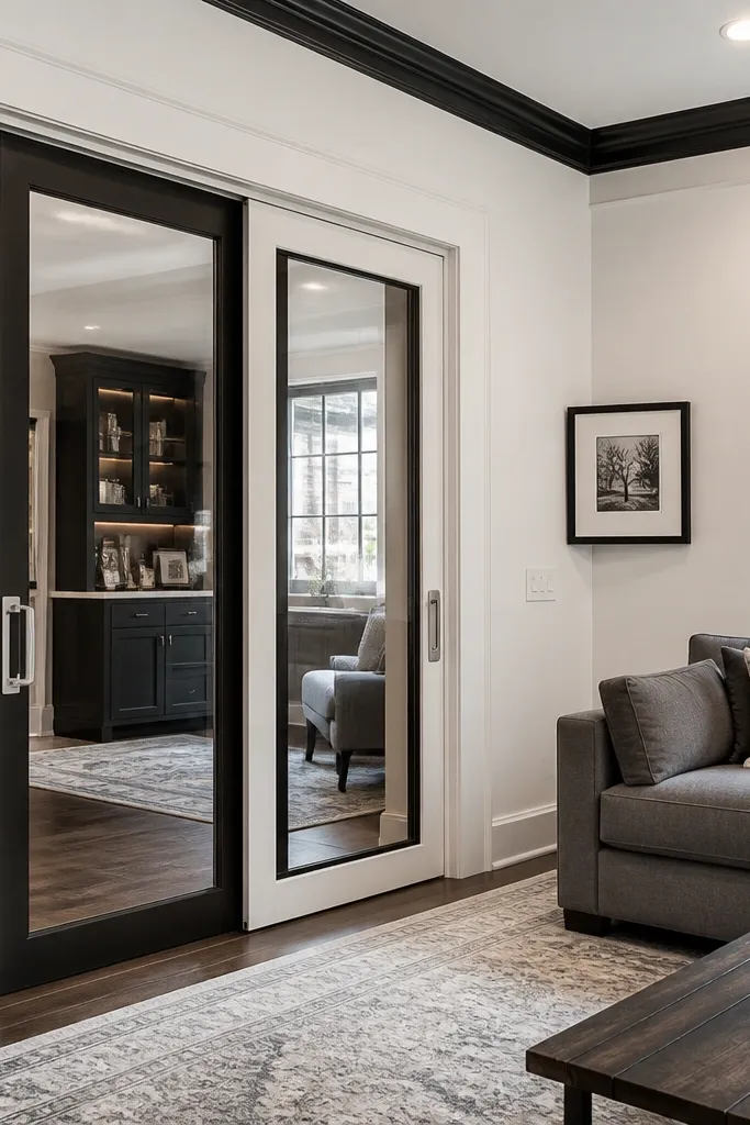 Two-tone black and white sliding glass door frame with clear panels.