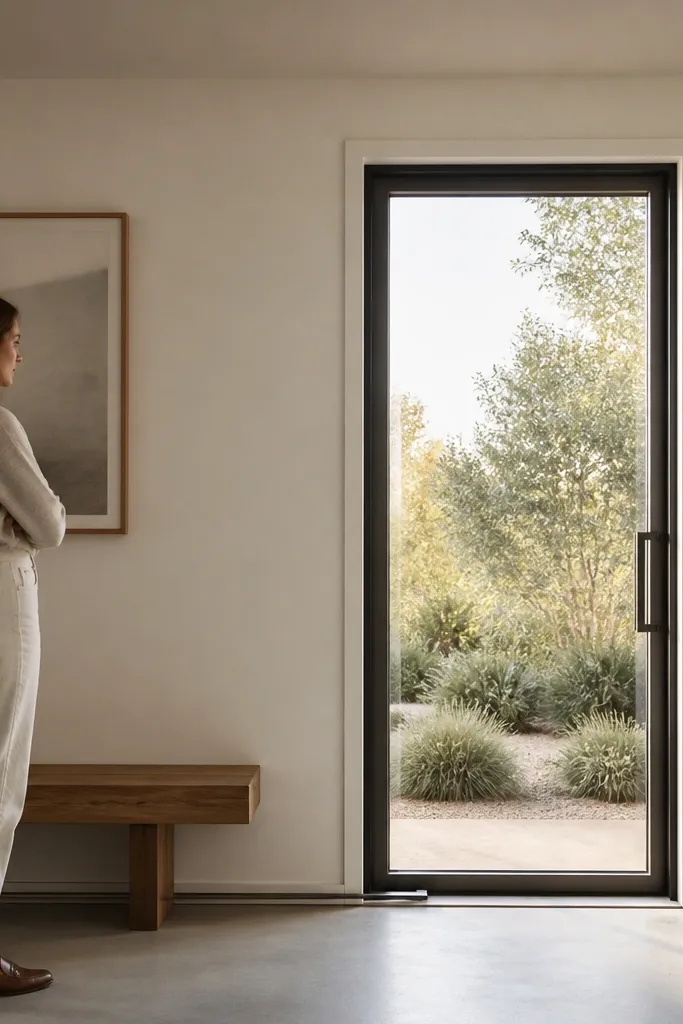 Sliding glass door with a thin shadow gap between frame and wall.