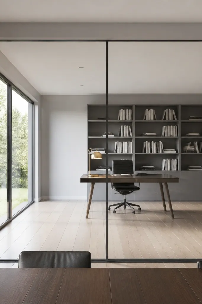 Clear glass sliding door with a recessed top rail and concealed roller cover.