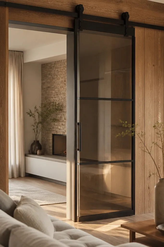 Smoked glass sliding door with warm timber side cladding and black hardware.