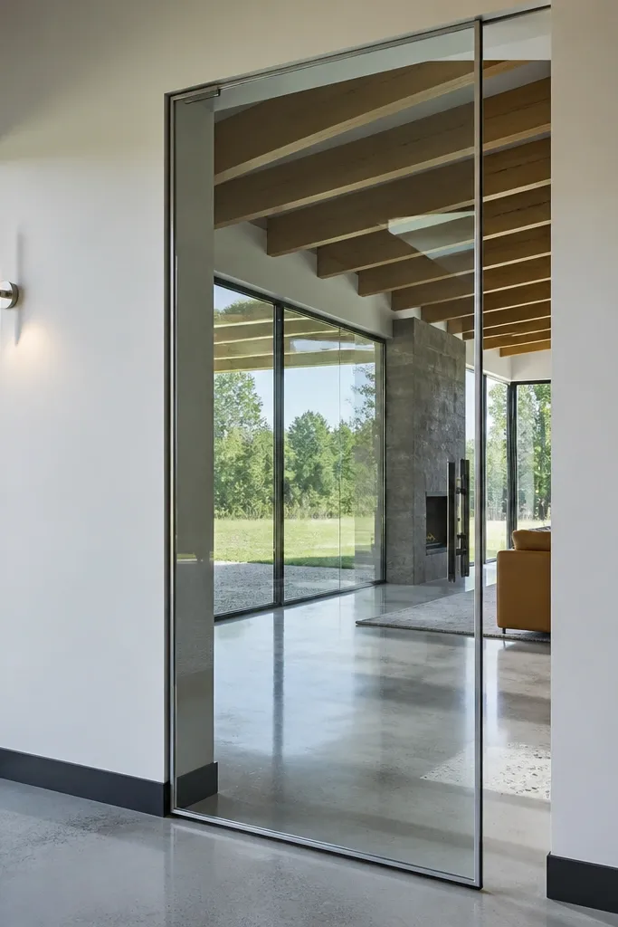 Clear glass sliding door with extra-thin aluminum frame lines.