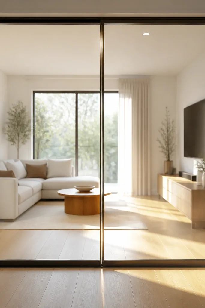 Two sliding glass door panels with a clean center seam and matching frames.