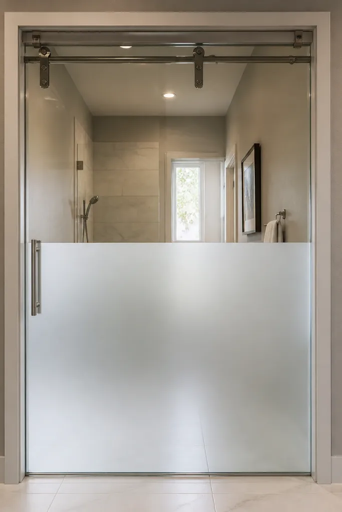 Clear glass sliding door with a frosted strip along the lower third.