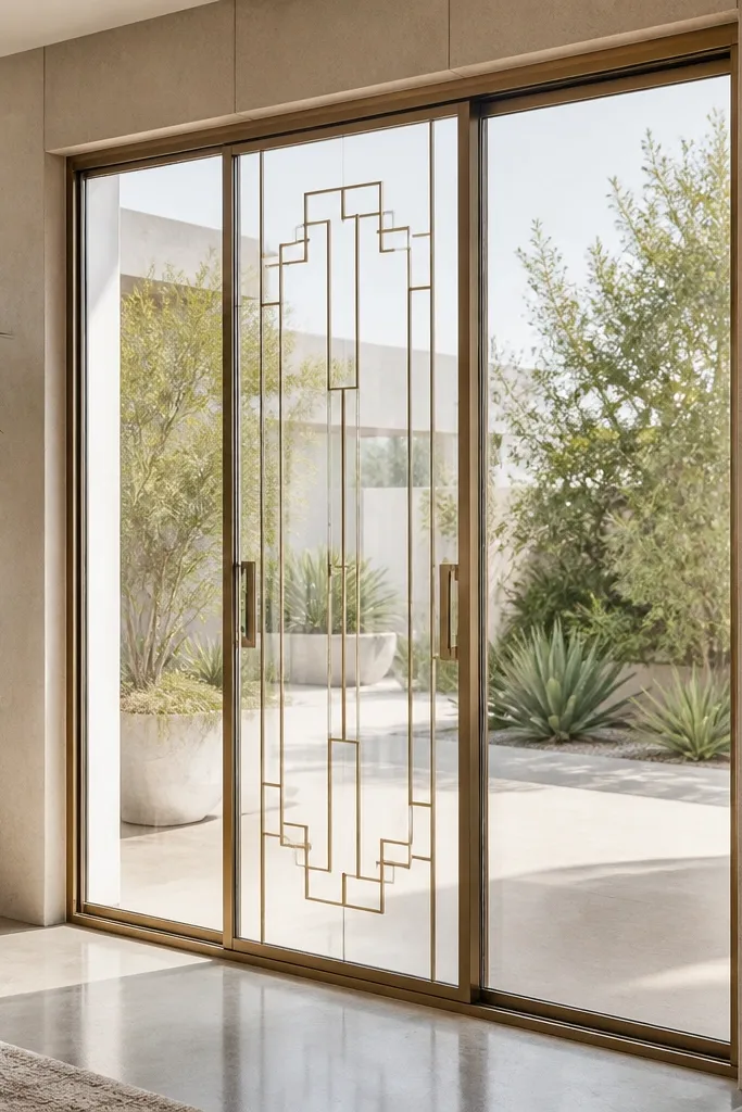 Clear glass sliding door with a geometric patterned glass panel and slim frame.