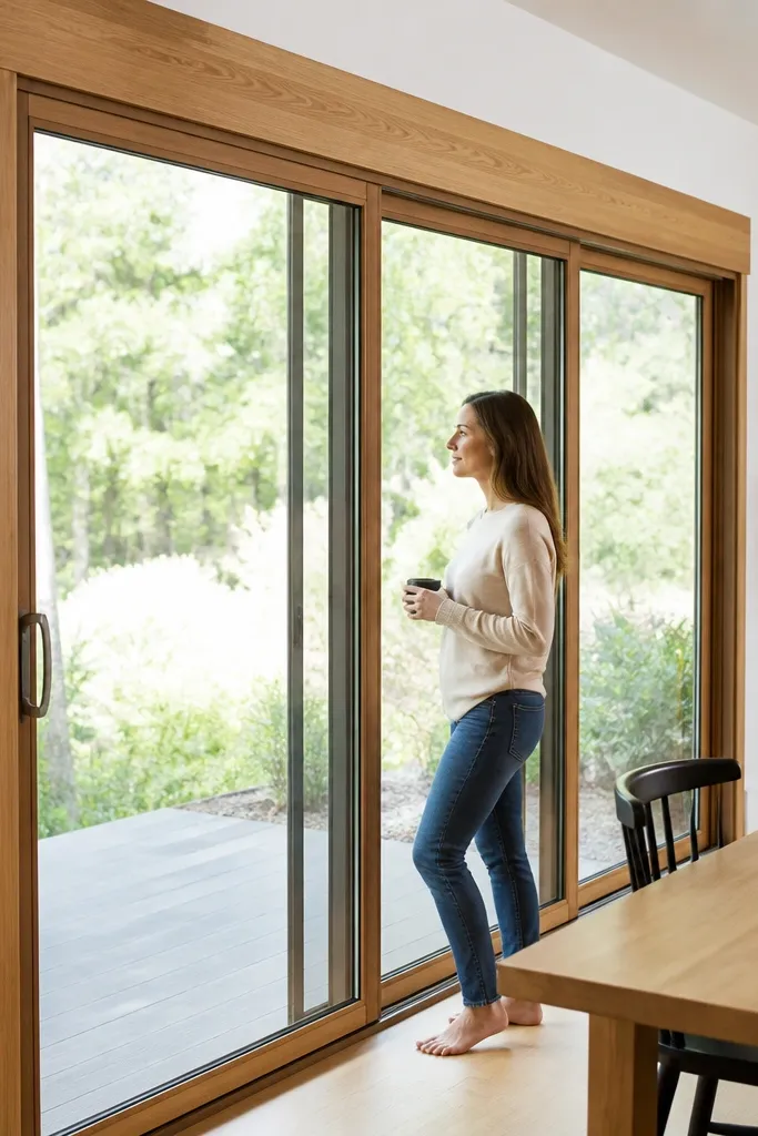 Sliding glass door with a wood tongue-and-groove cover hiding the track.