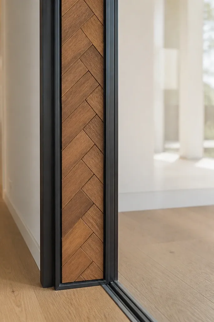 Clear glass sliding door with a herringbone wood frame pattern.