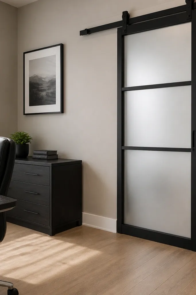 Black framed sliding glass door with translucent white privacy glass.