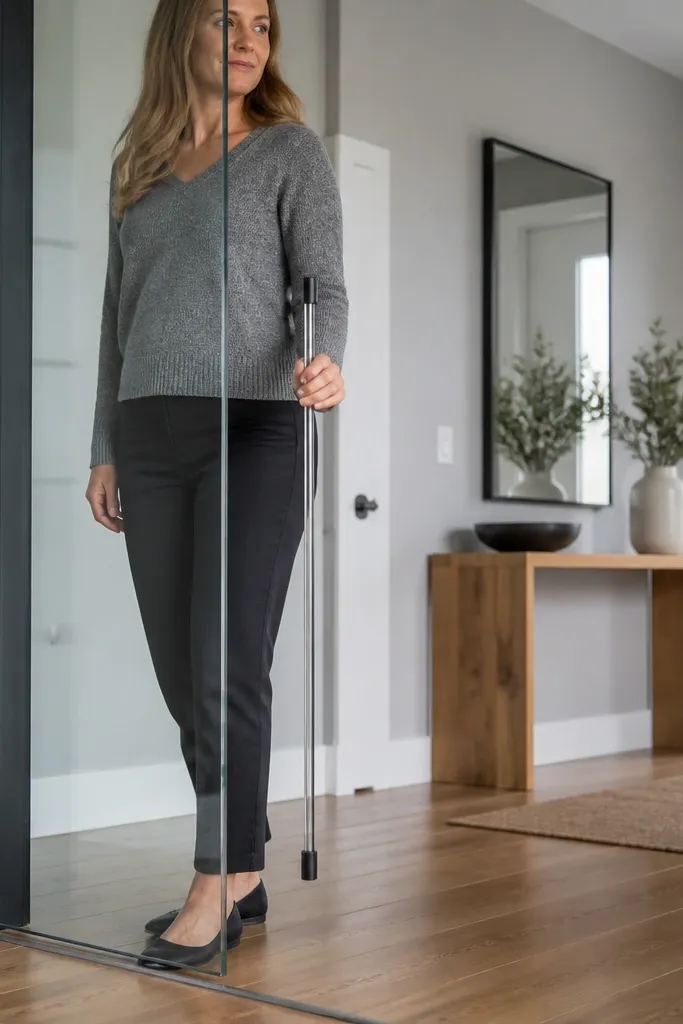 Clear sliding glass door with a hidden floor guide and slim cable pull.