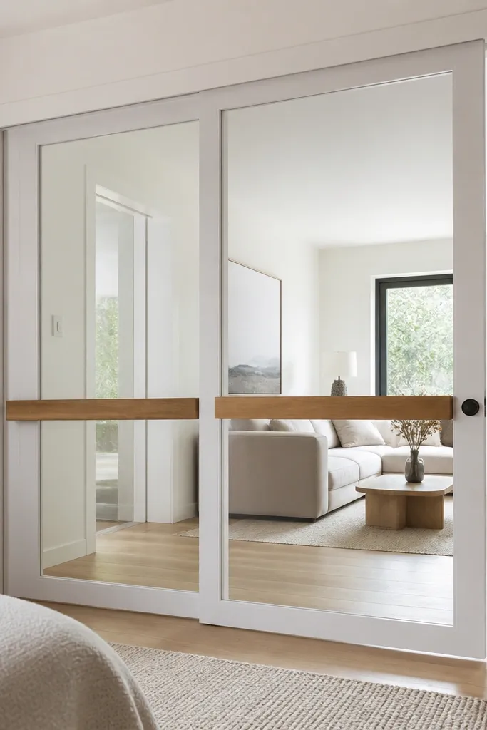 Matte white sliding glass door with a warm wood handle beam and clear glass.