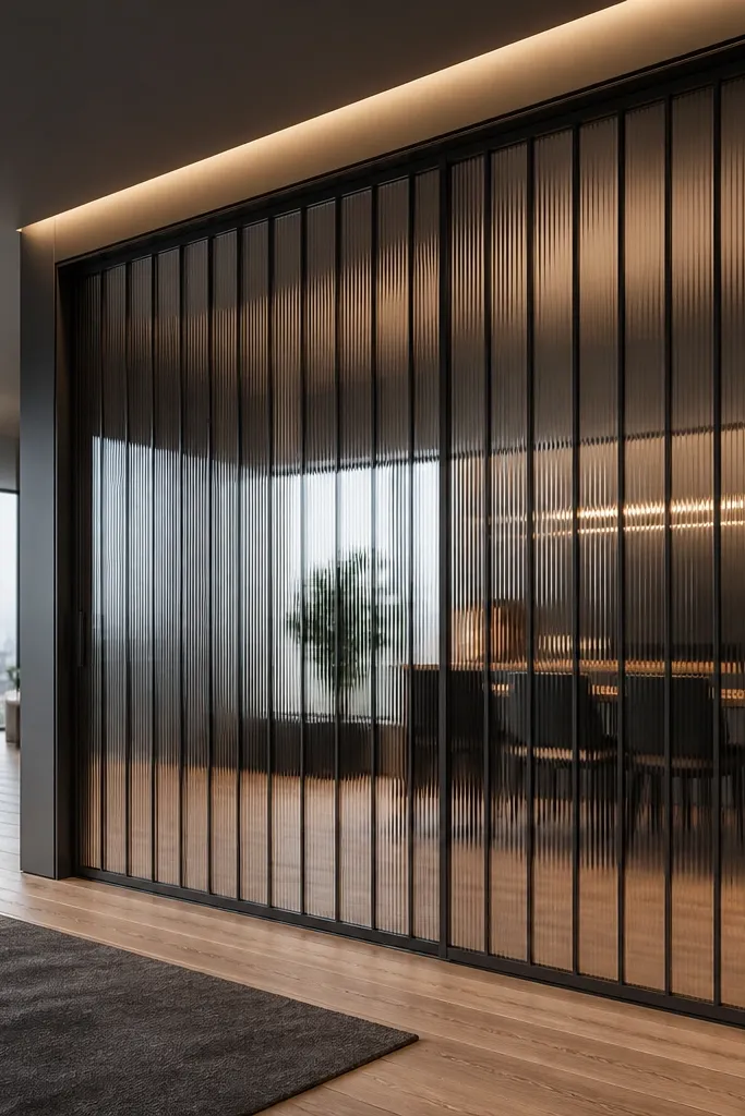 Smoked vertical glass panels sliding door with a striped look and slim frame.