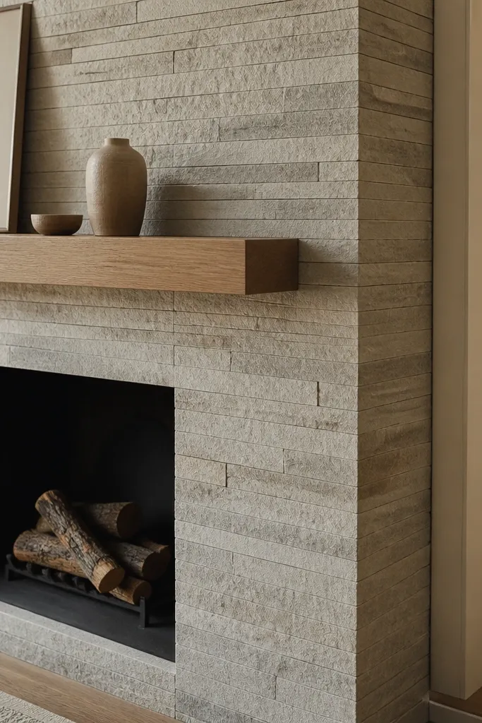 Light honed limestone stacked on a fireplace with warm gray grout and a dark mantel