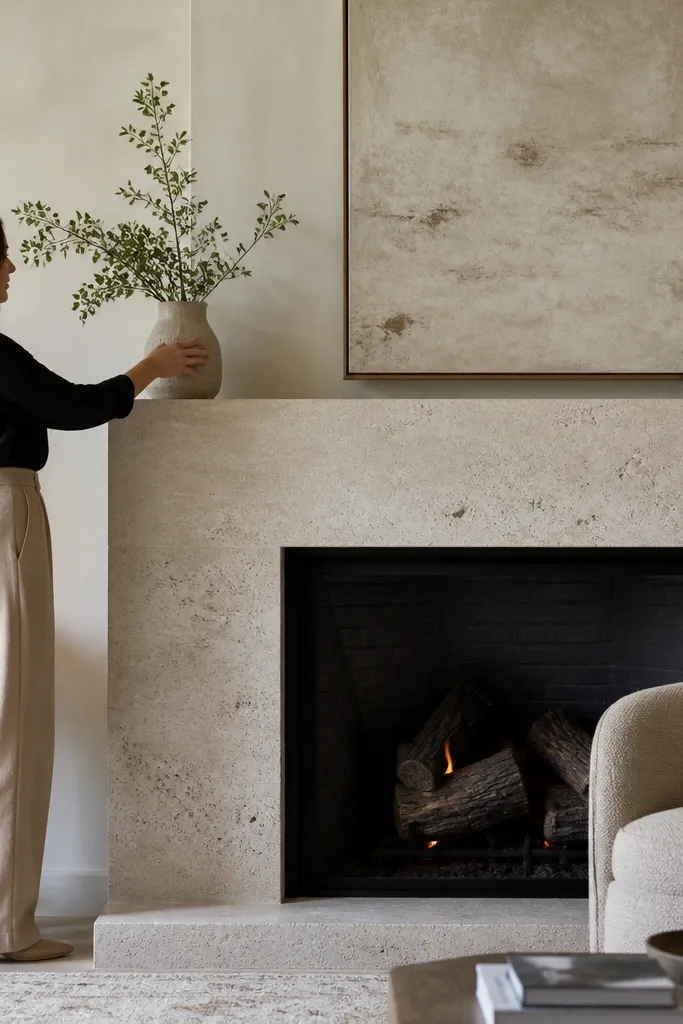 Cream travertine split-face fireplace with pale limewashed stone and light wood mantel
