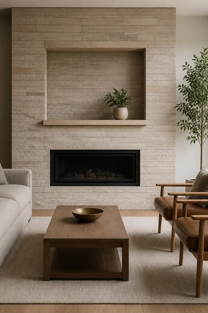 Stacked stone fireplace with a recessed stone shelf and clean border lines