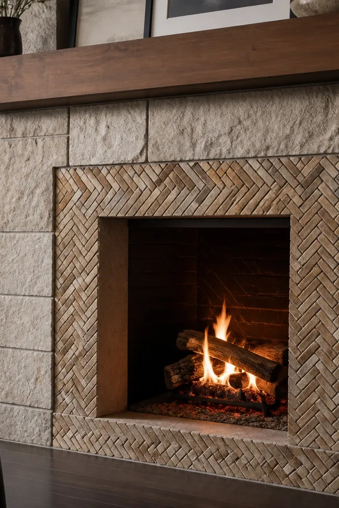 Stone fireplace with a herringbone band framing the firebox opening and warm mantel
