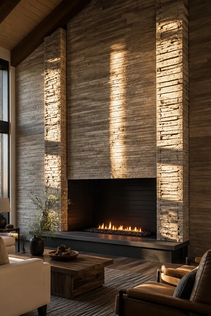 Stacked limestone fireplace with vertical stone pillars at each side and warm wood mantel