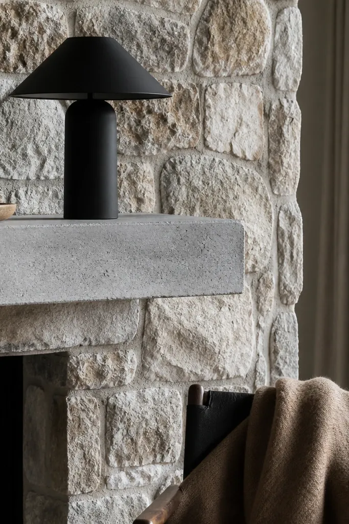 Rustic stone fireplace with a smooth concrete mantel shelf and warm lighting