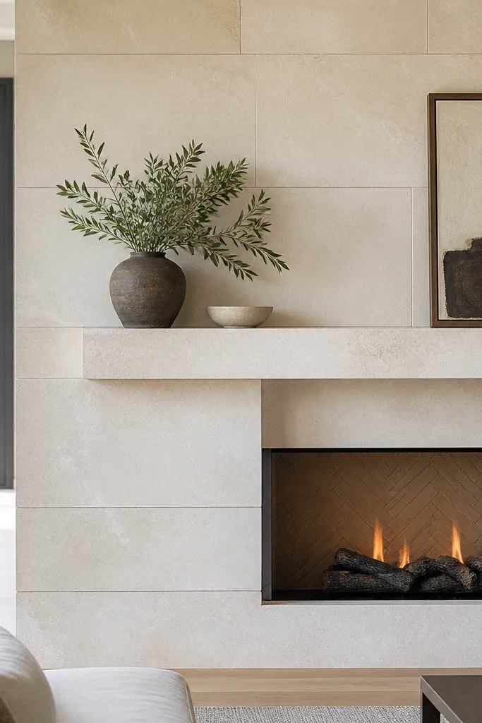 Sawn limestone panel fireplace with narrow grout lines and light wood mantel