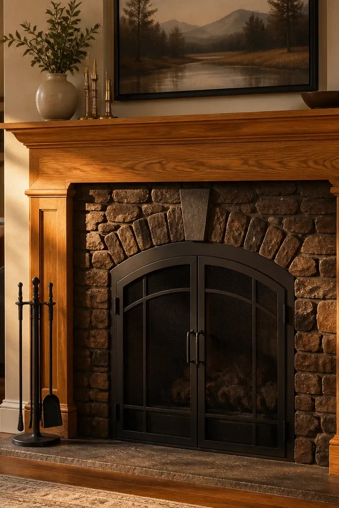 Stone fireplace stained warm walnut tones with a honey oak mantel and dark accents