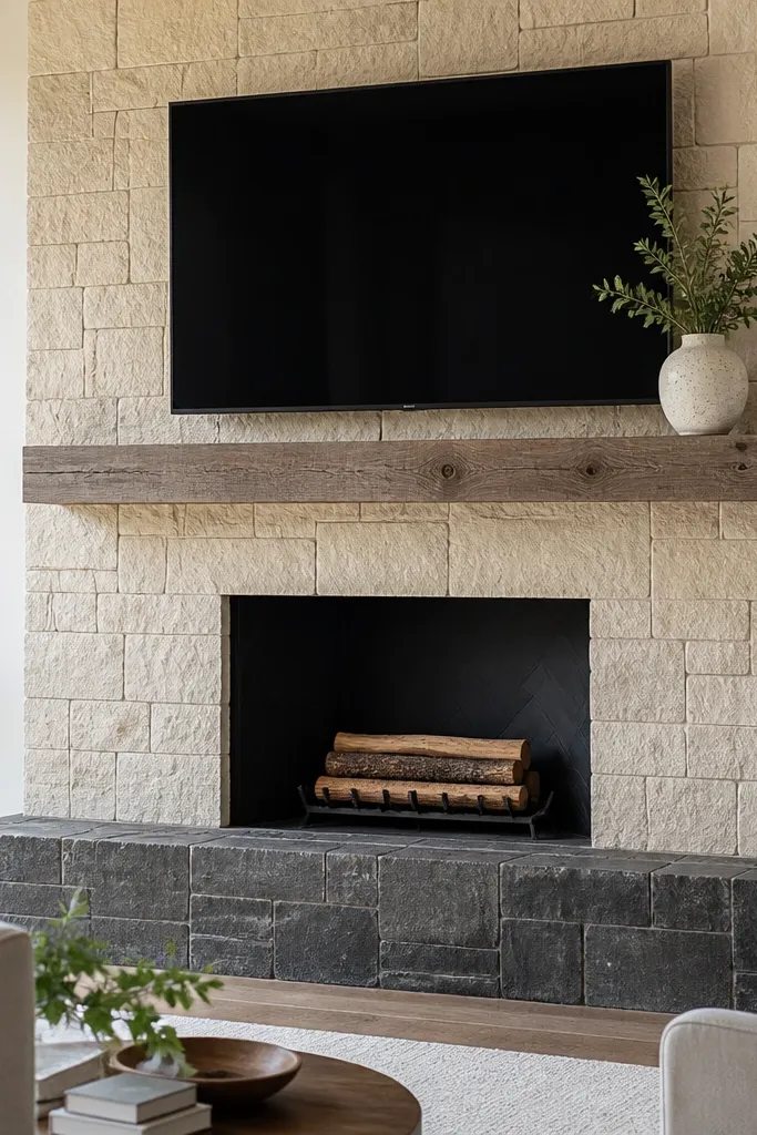 Two-tone stone fireplace with light surround and darker base hearth line